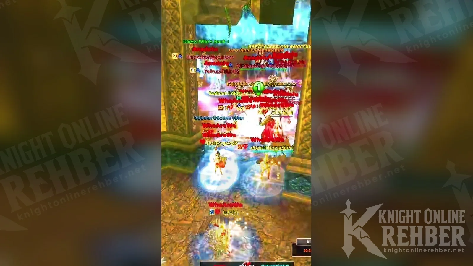Kale kapısının önünde skill efektleriyle savaşan oyuncular
